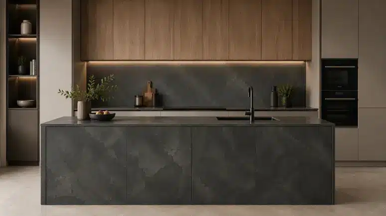 Modern kitchen featuring dark grey Formica laminate sheets on cabinets, backsplash, and island surface.